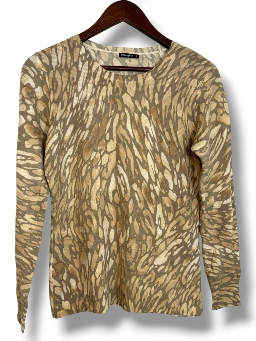 J McLaughin 100% Cashmere Pullover Sweater Womens Small Brown Tan Animal Print